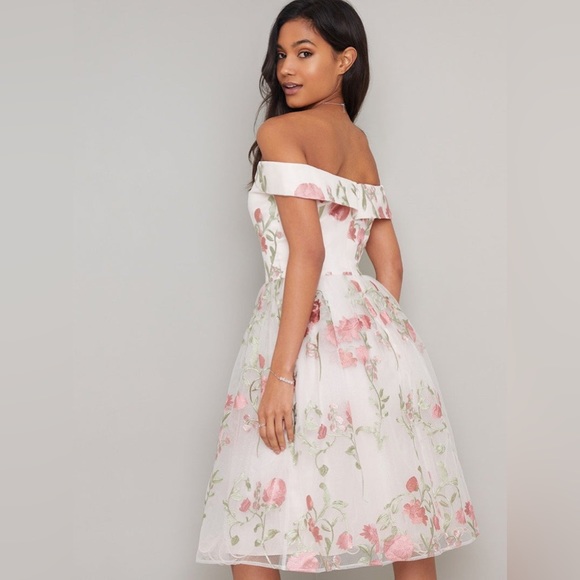 Chi Chi London Pink Bardot Lace Embroidered Overlay Midi Dress - Picture 5 of 8
